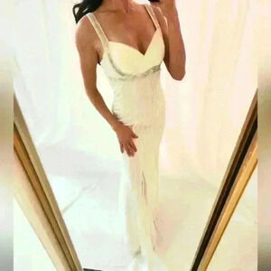 DAVID'S BRIDAL White Crystal Mermaid Chiffon Jewel bridesmaid prom cocktail red